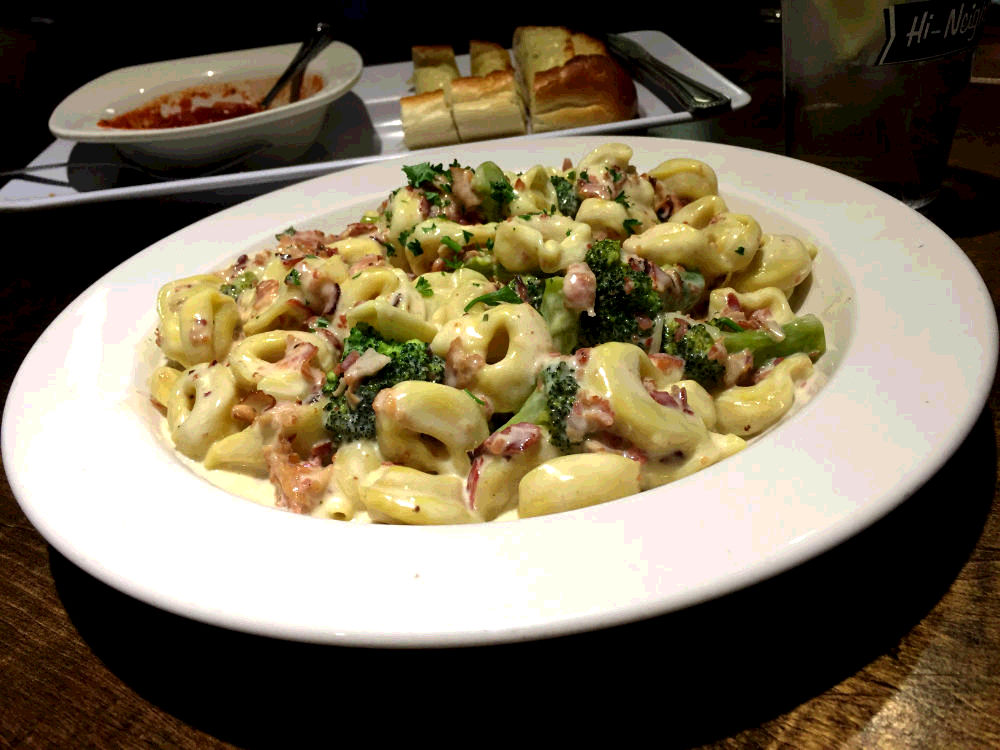 tortellini carbonara with broccoli and bacon